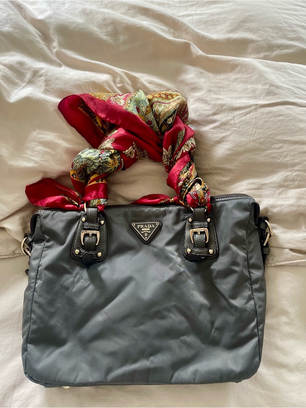 Prada Gray Nylon Shoulder Bag with Red Paisley-Print Handle Wraps